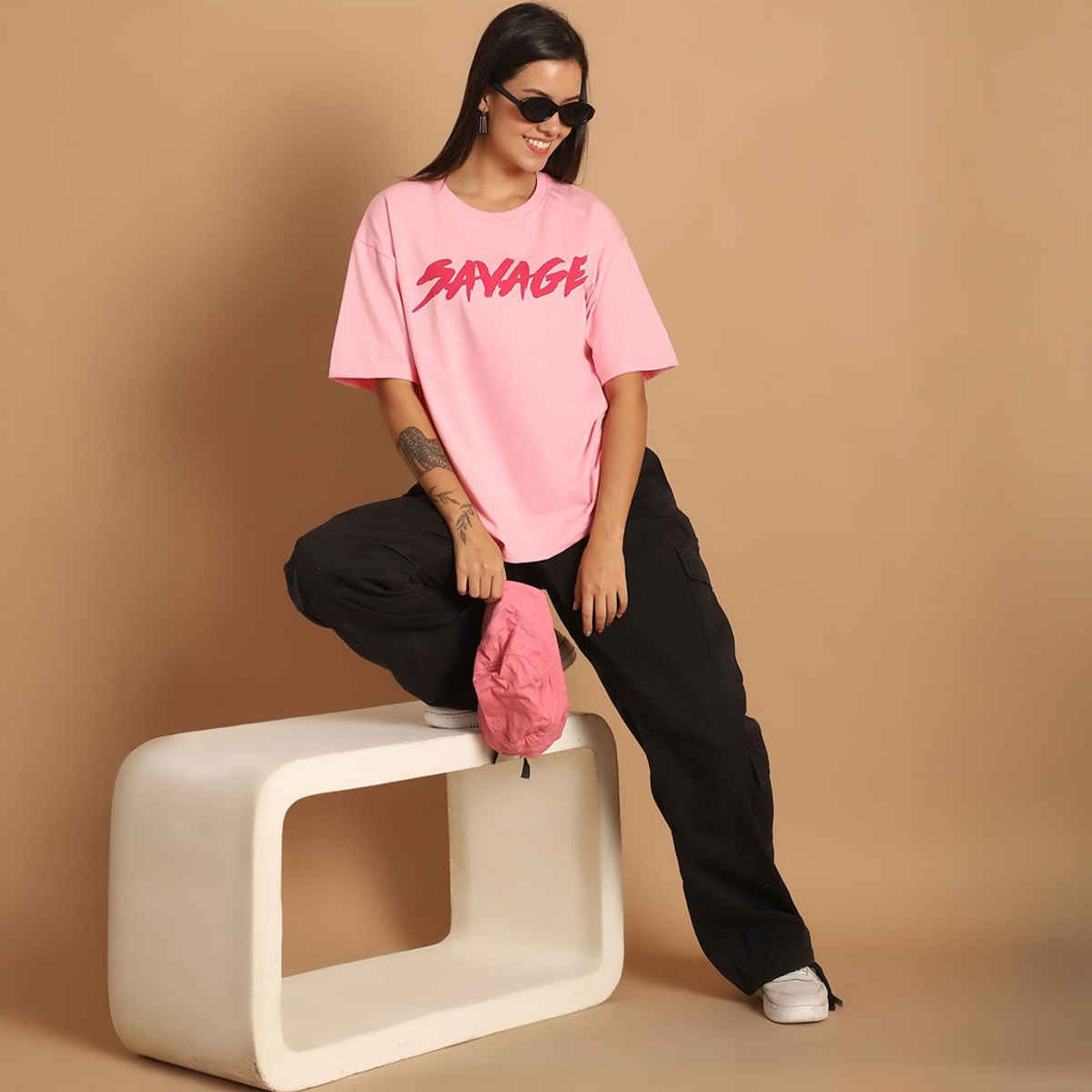 Fabflee Women Oversize Cotton Printed Round Neck Tshirt | Pink | FAB-OS-509 | XL