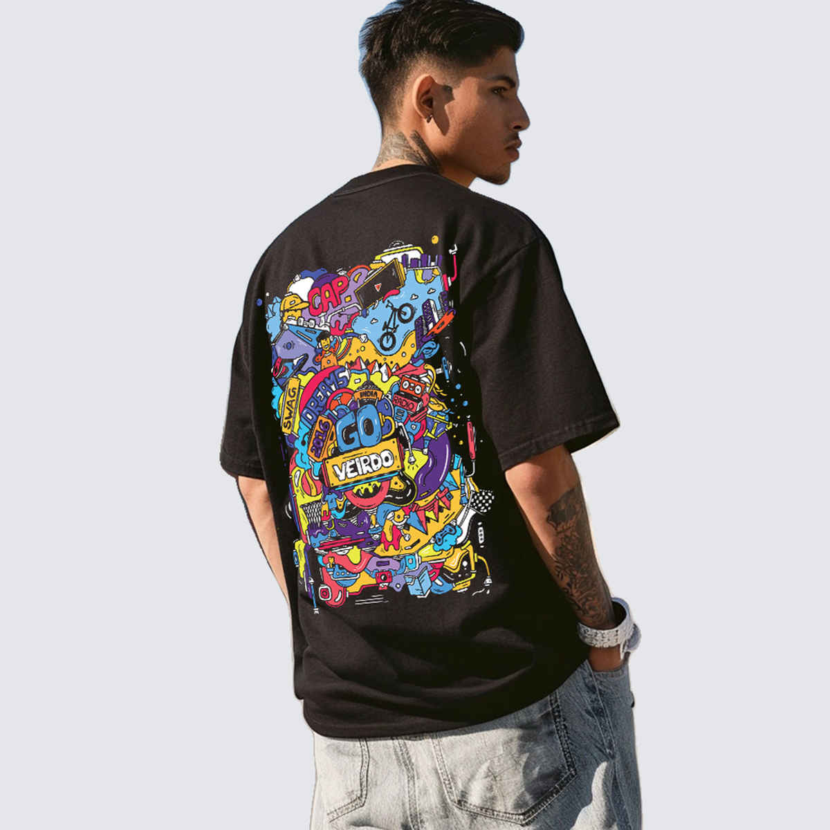 VEIRDO Men's Printed Oversized T-Shirt | TSH DDL BLK 730 | Black - S