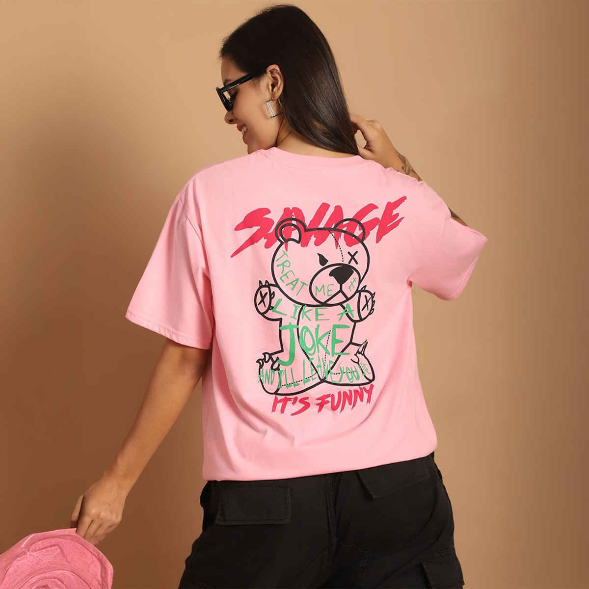 Fabflee Women Oversize Cotton Printed Round Neck Tshirt | Pink | FAB-OS-509 | XL