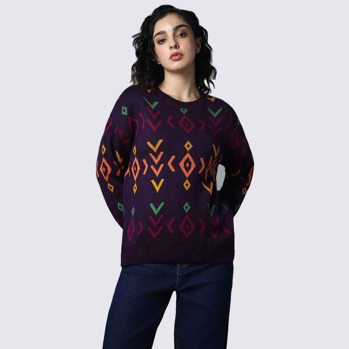 High Star Women's Geometric Printed Pullover Sweater | Purple - L