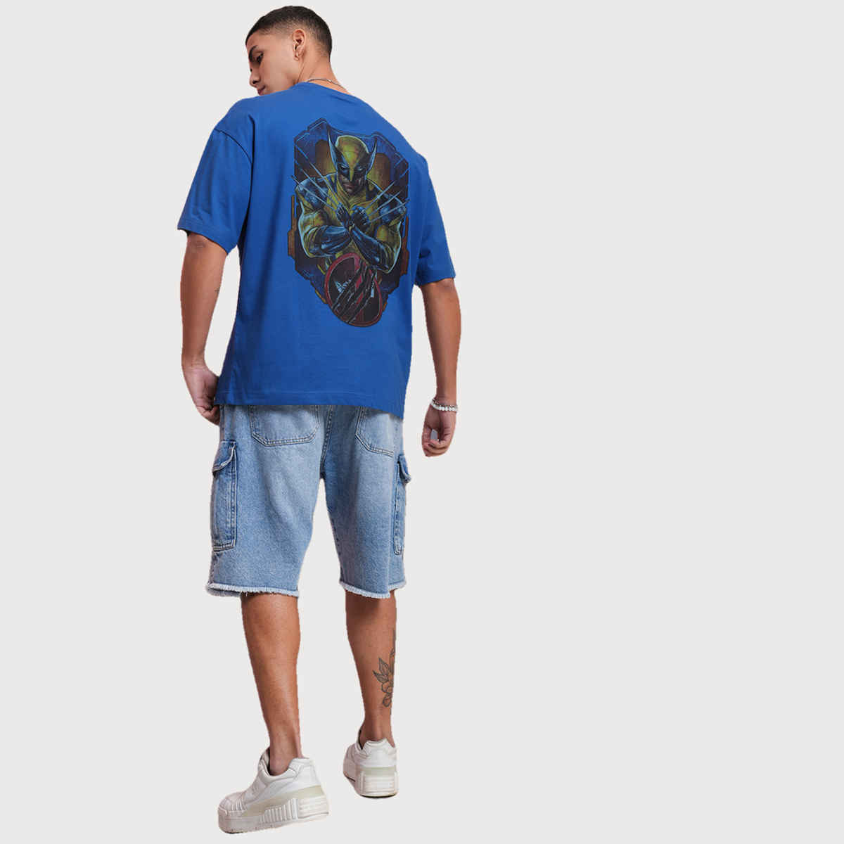 Highlander Men's Marvel Deadpool & Wolverine Printed Oversized Drop Shoulder T-shirt | Blue - S
