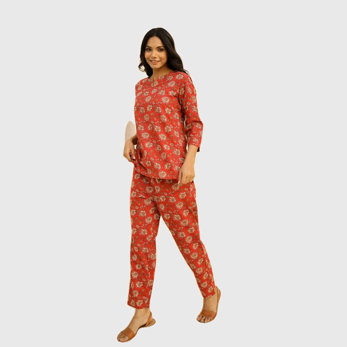 Sanskrutihomes Women's Printed Pure Cotton Night Suit | Red - L
