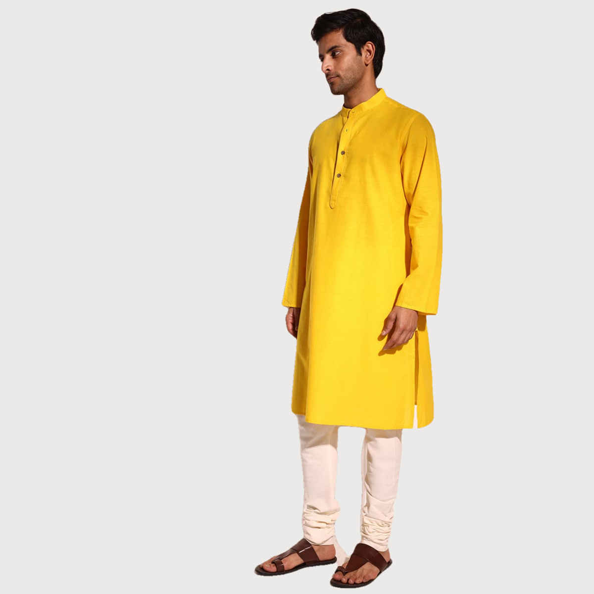 Fabindia Men's Long Kurta Comfort Fit | Yellow - XS