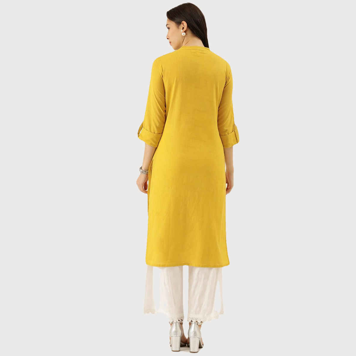 Divena women's Yellow Solid Straight Roll up Sleeve Kurti DK0565 | XL