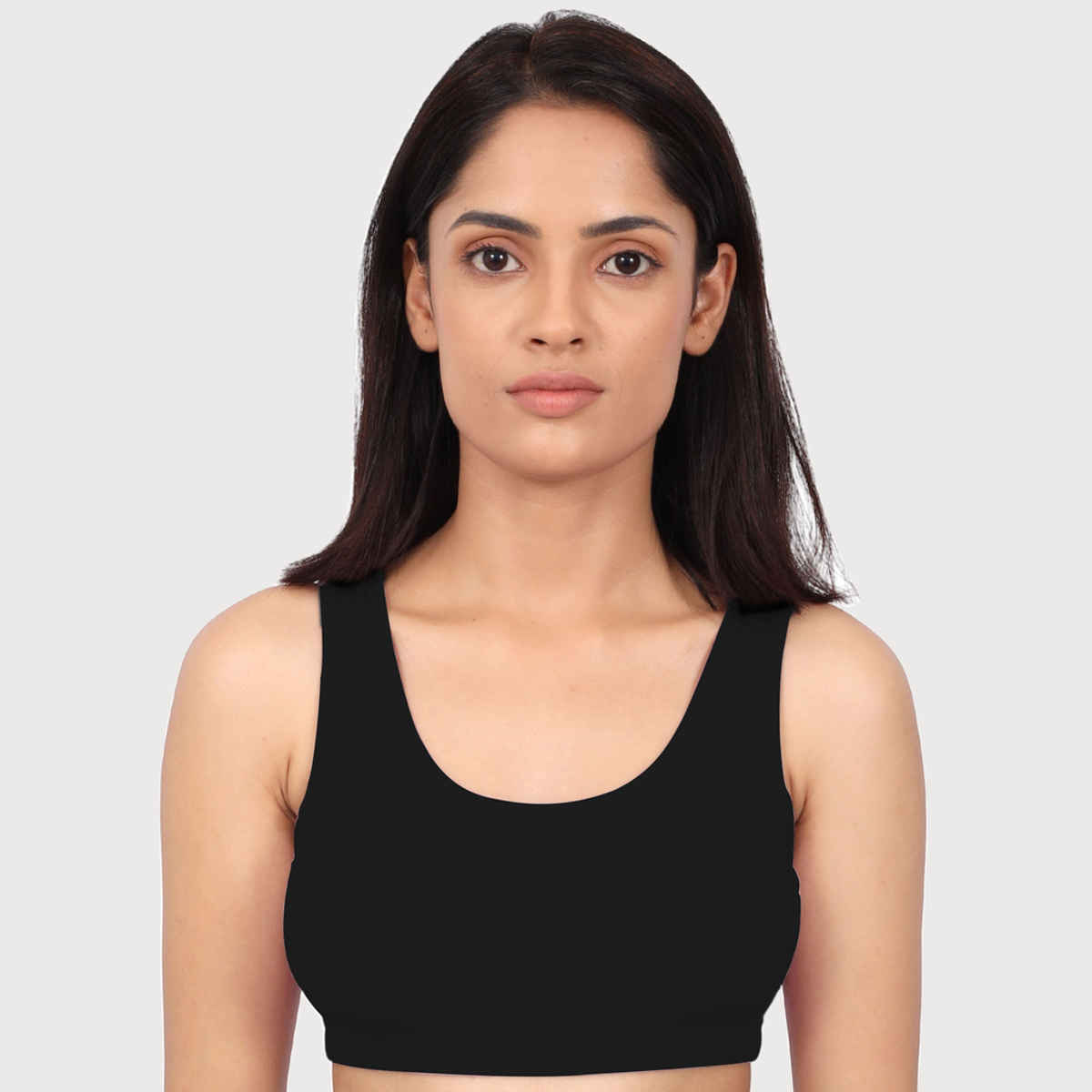 D'Chica Double-Layer Broad Strap Cotton Sports Bra | Non Padded Bra For Women's | Black | S