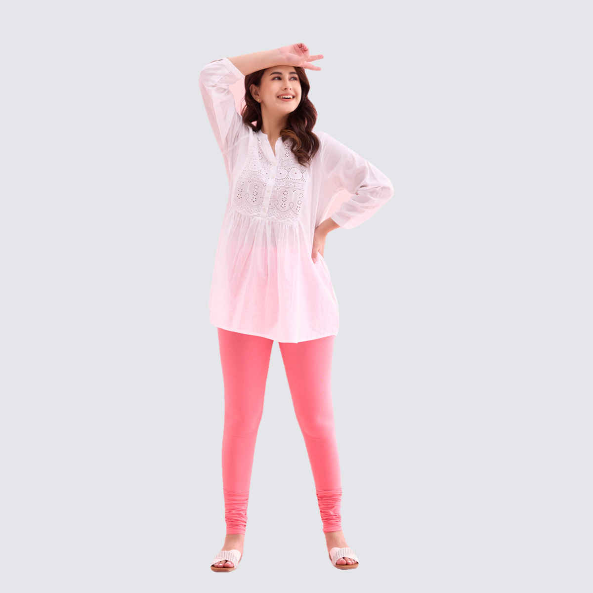 Go Colors Women's Solid Mid Rise Churidar | Light Pink - 2XL