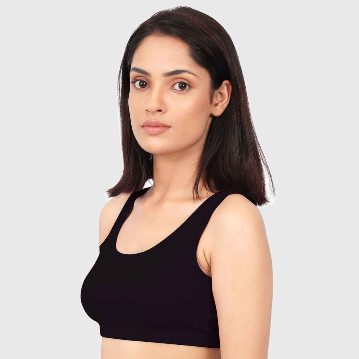 D'Chica Double-Layer Broad Strap Cotton Sports Bra | Non Padded Bra For Women's | Black | S