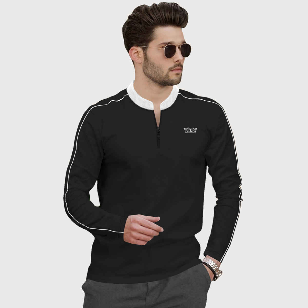 TRIPR Men Cotton Blend Mandarin Collar T-shirt | Black and White - 2XL