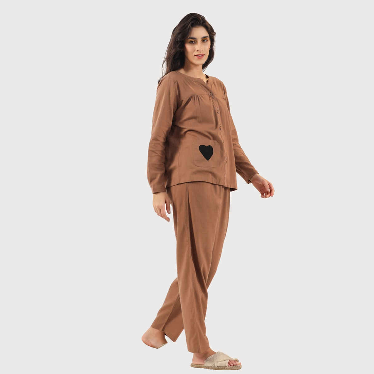 Sanskrutihomes Mandarin Collar Pure Cotton Night Suit | Brown - M