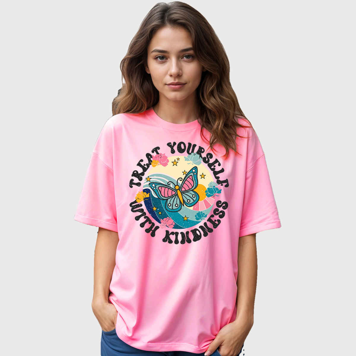 Smartees Women's Oversize Printed T-shirt | WW - 2057 | Pink - XL