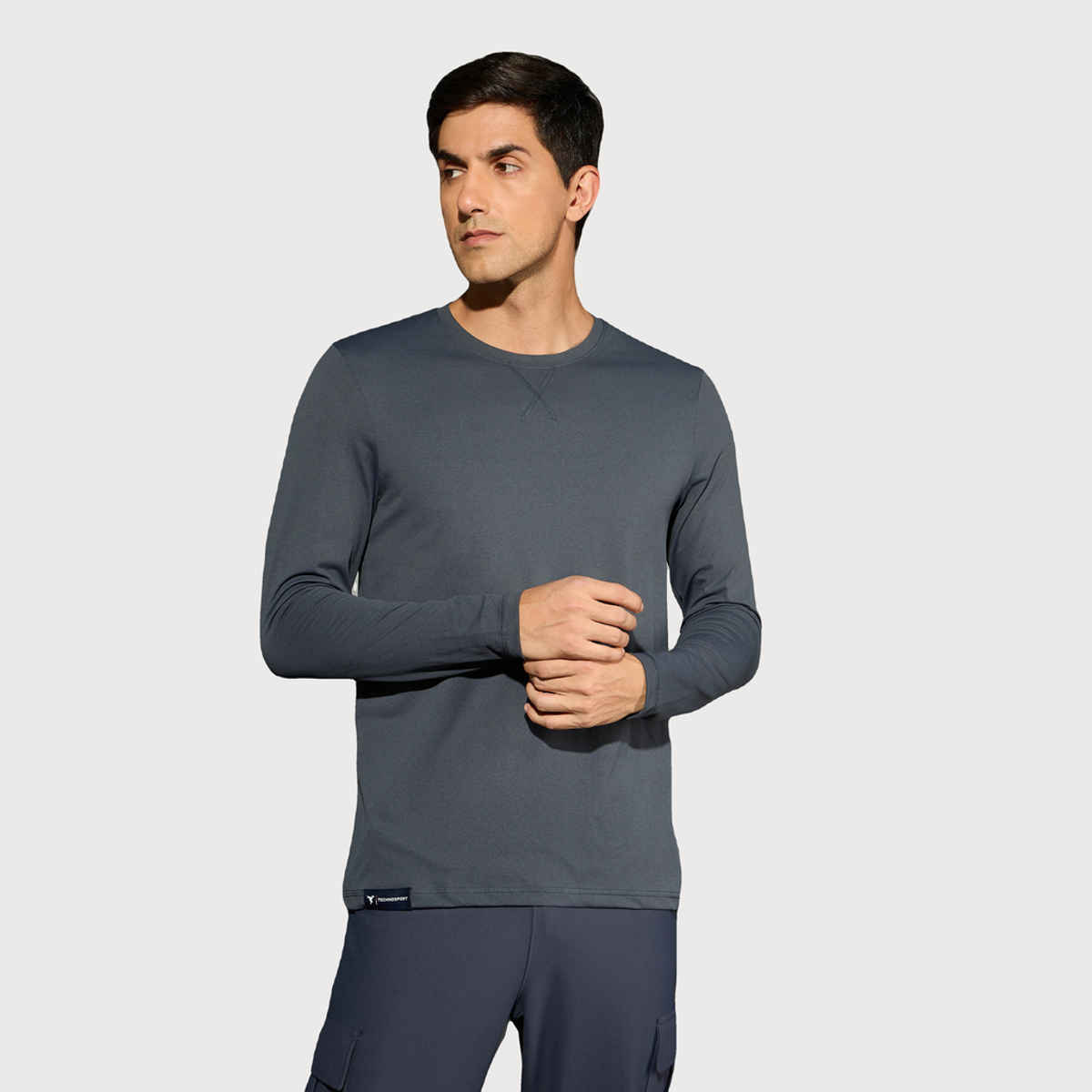 Technosport Men's Poly Solid Slim Fit Round Neck Full Sleeve Sports T-shirt | Carbon Grey - 2XL