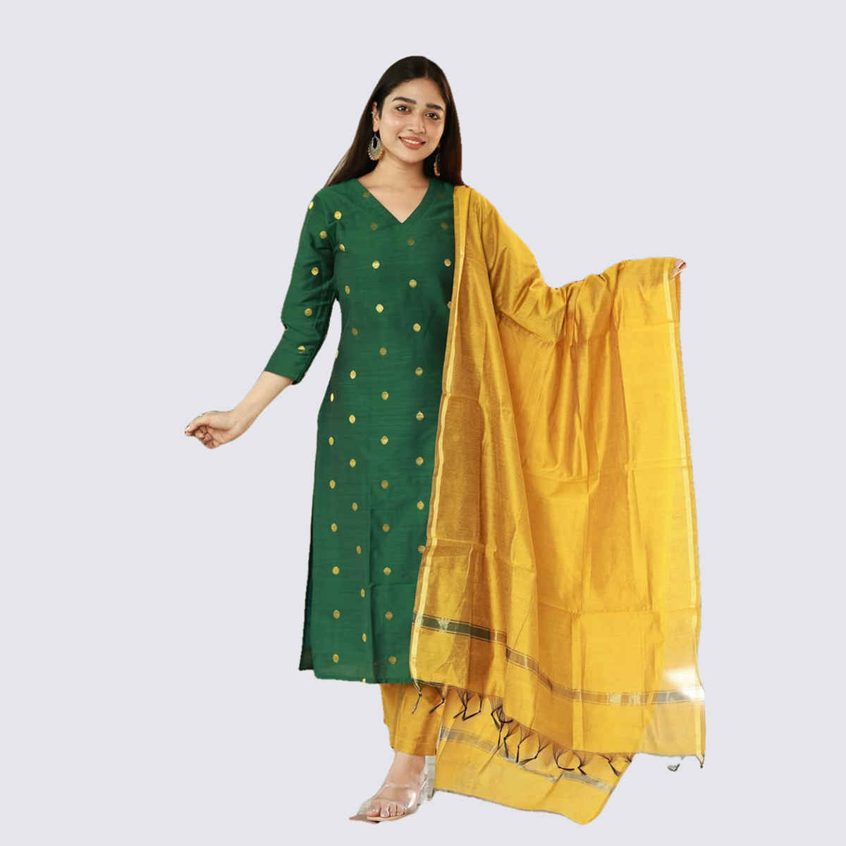 GoSriKi Women's Rayon Blend Straight Polka-Dot Kurta with Pant & Dupatta | SDF | Green - M