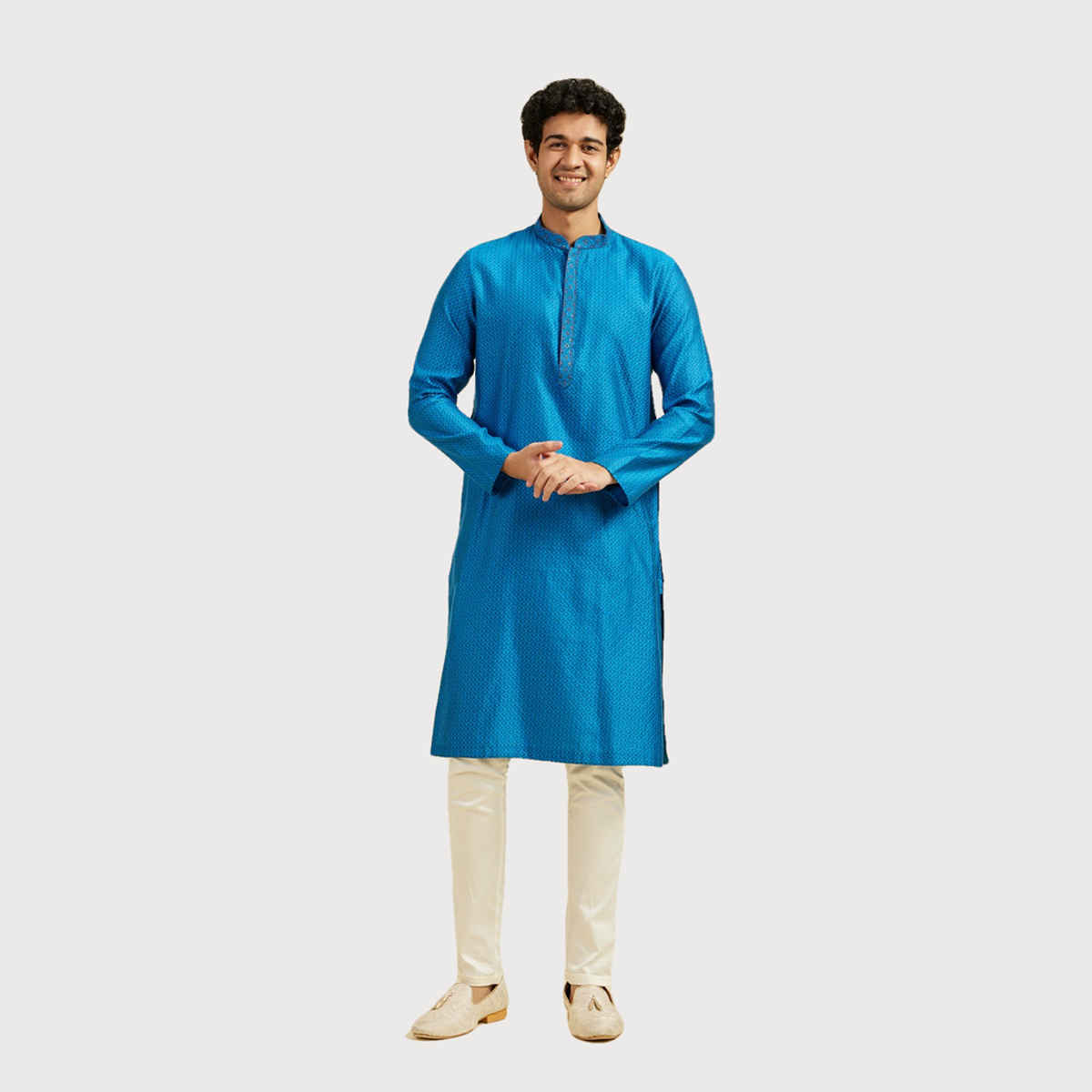 Diwas By Manyavar Blue Blended Viscose Self Design Kurta Set | S
