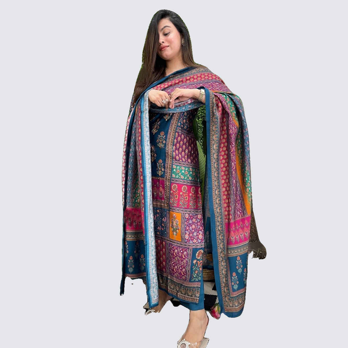 GoSriKi Women's Rayon Blend Straight Printed Kurta with Pant & Dupatta | SULA | Multi - M