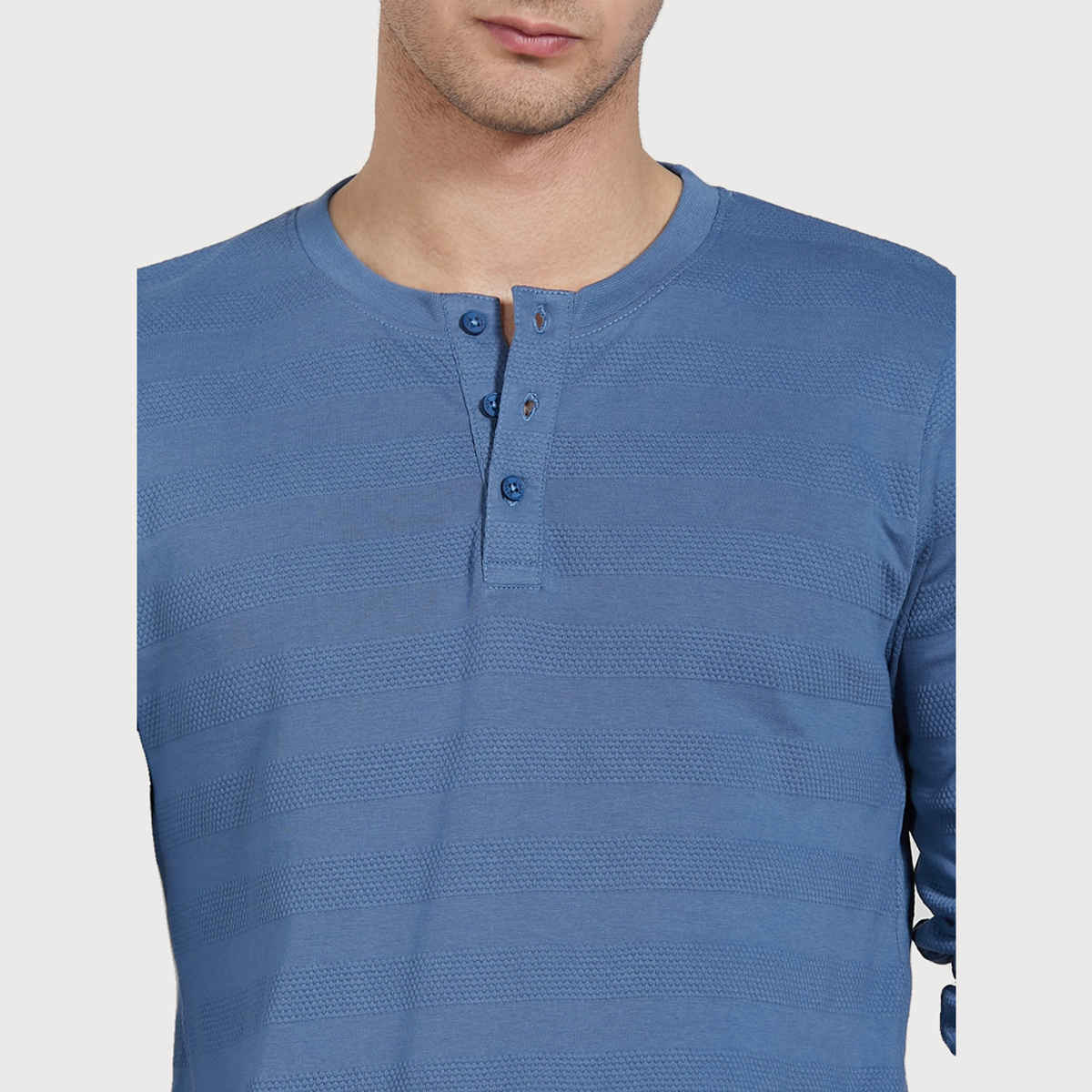 Dennis Lingo Men's Textured Henley Neck Cotton Regular Fit T-shirt | Mid Blue | M