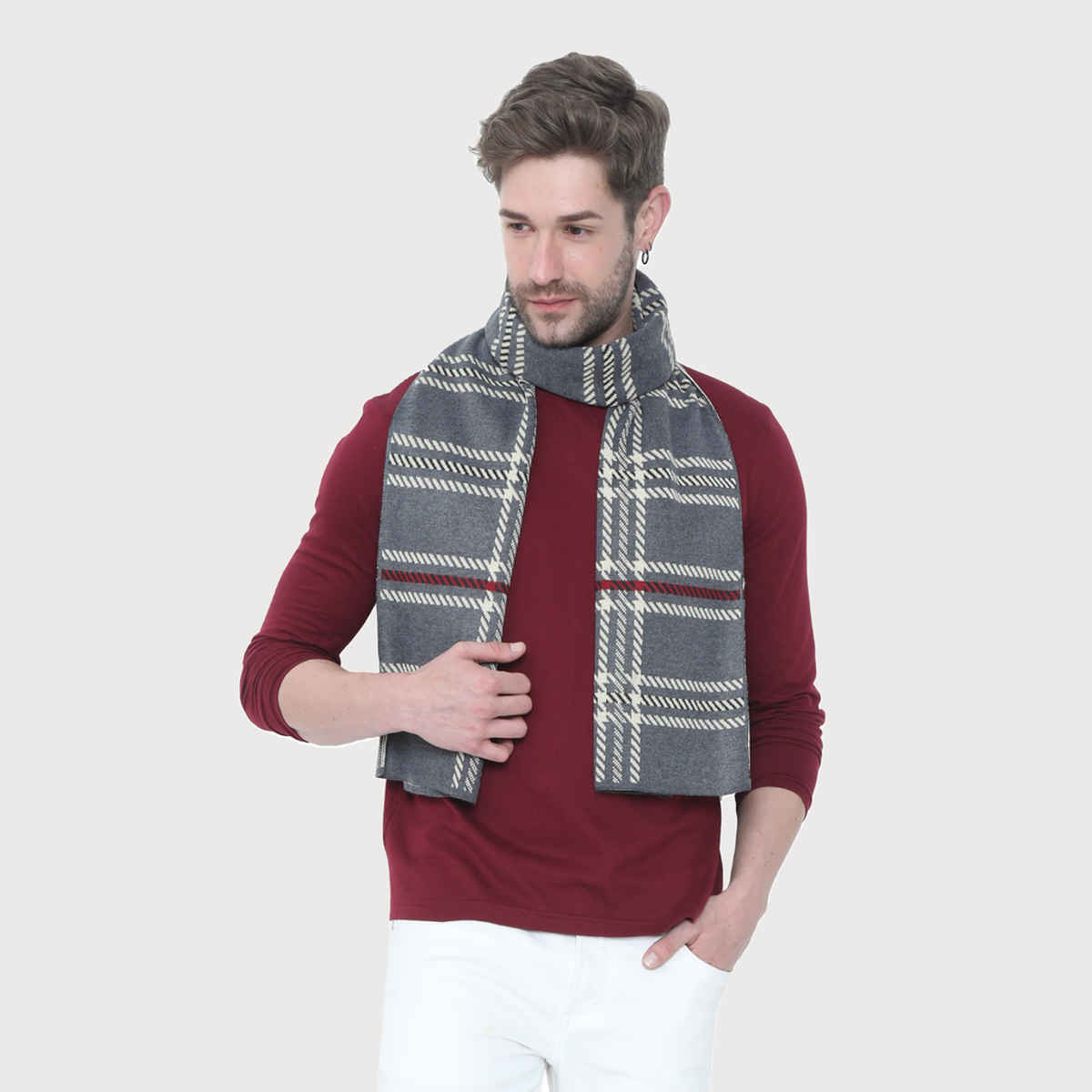 Fabseasons Unisex Checkered Acrylic Muffler | Grey and Beige