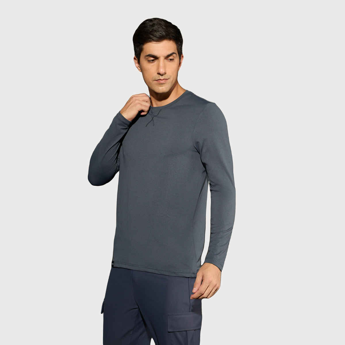 Technosport Men's Poly Solid Slim Fit Round Neck Full Sleeve Sports T-shirt | Carbon Grey - XL