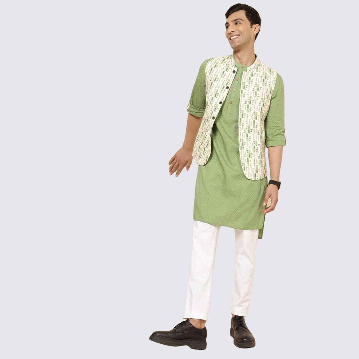 Fabindia Men's Nehru Jacket Cotton Tribal Printed Slim Fit | Natural - S