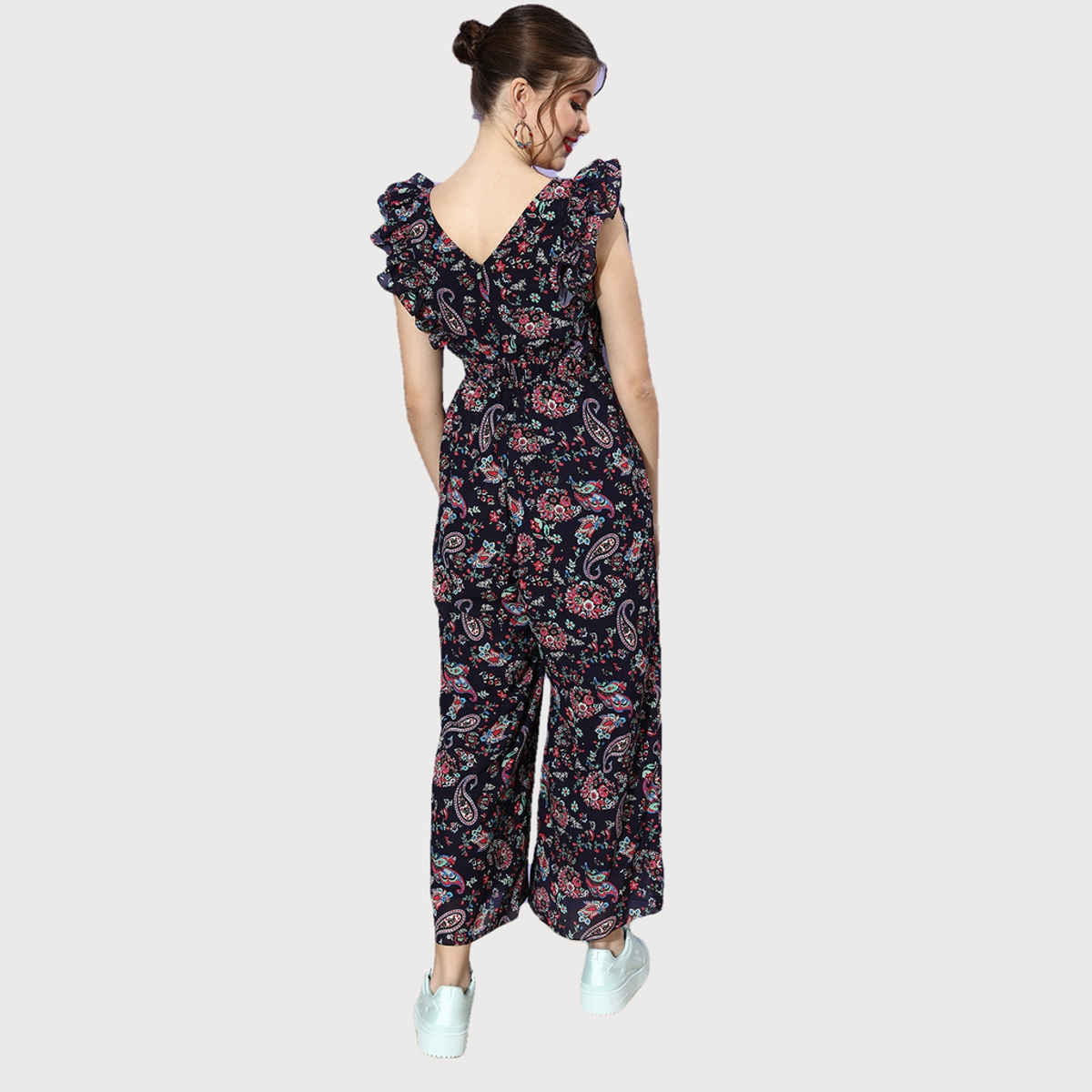 Miss Chase Women s Cashflow Is Queen Frilled Jumpsuit Multicolored Base Navy Blue | XL