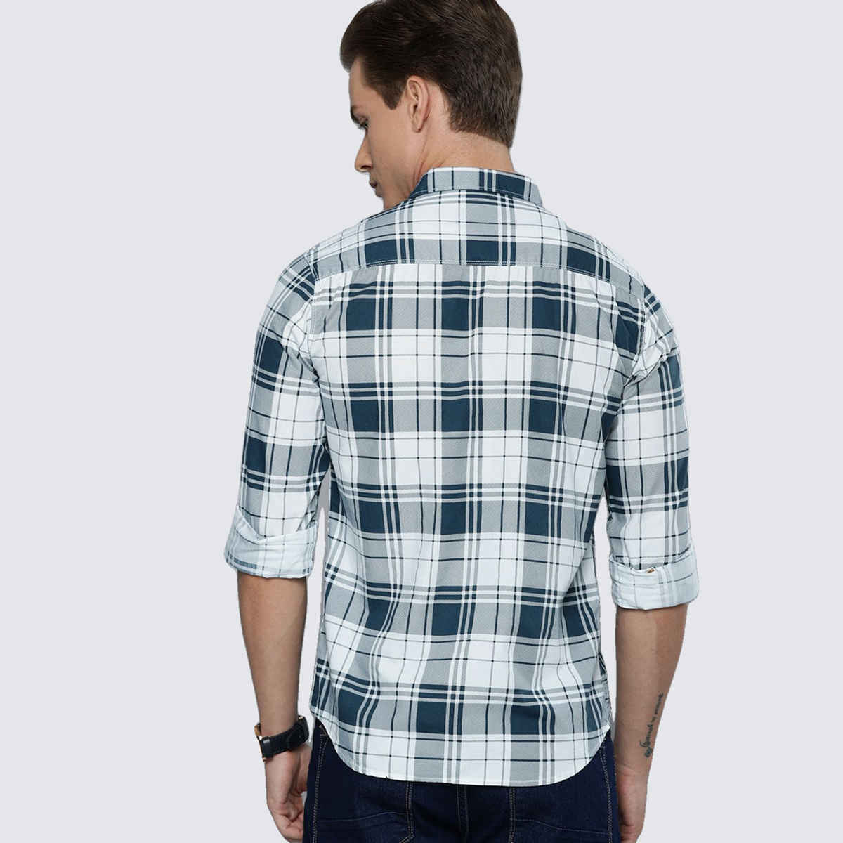 The Indian Garage Co Men's Slim Fit Checked Casual Shirt | White - L