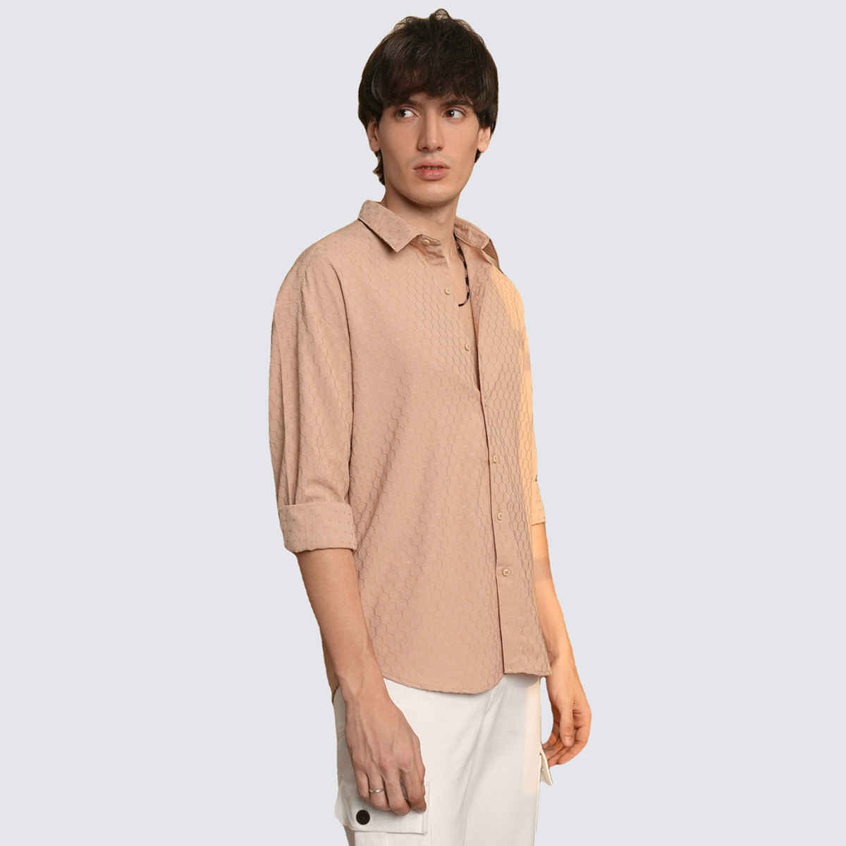 Campus Sutra Men's Honeycomb-Textured Oversized Shirt | Beige - XL