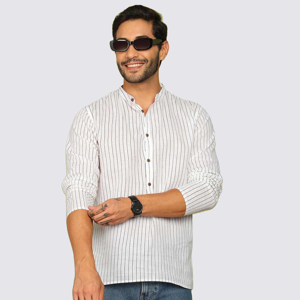 Allan Peter Men's Printed Short Kurta | White - M