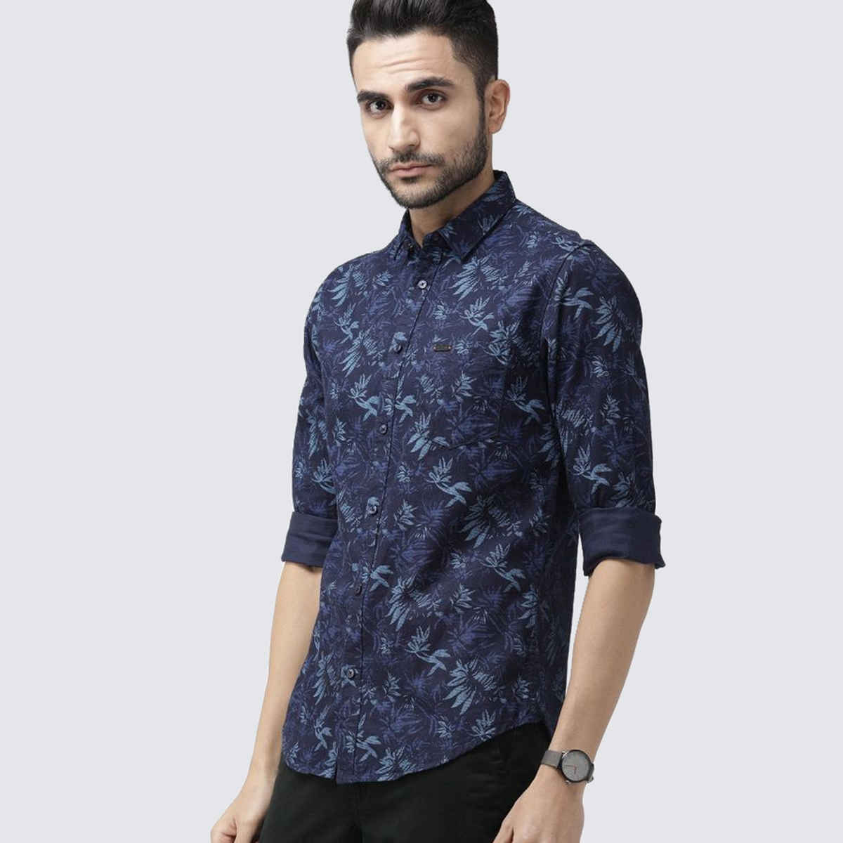 The Indian Garage Co Men's Slim Fit Abstract Printed Casual | Navy Blue | L