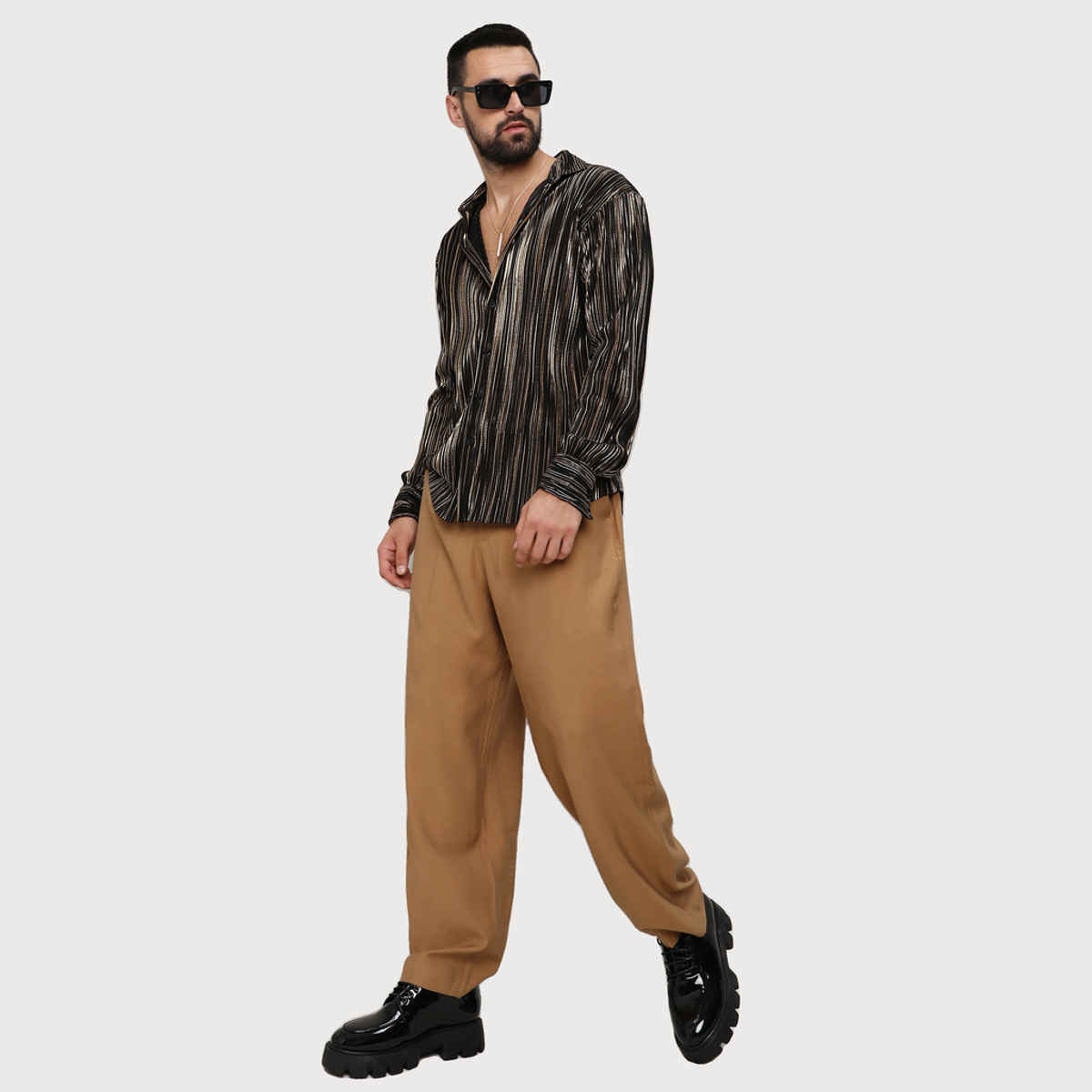 Campus Sutra Men's Pleat - Creased Shirt | Jet Black & Metallic Gold - XL