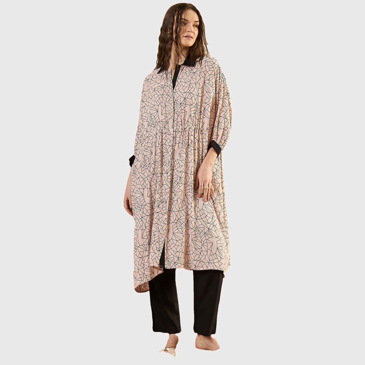 Sanskrutihomes Printed CollaRed | Tunic & Trouser Co-Ord Set for Women s | Beige | L