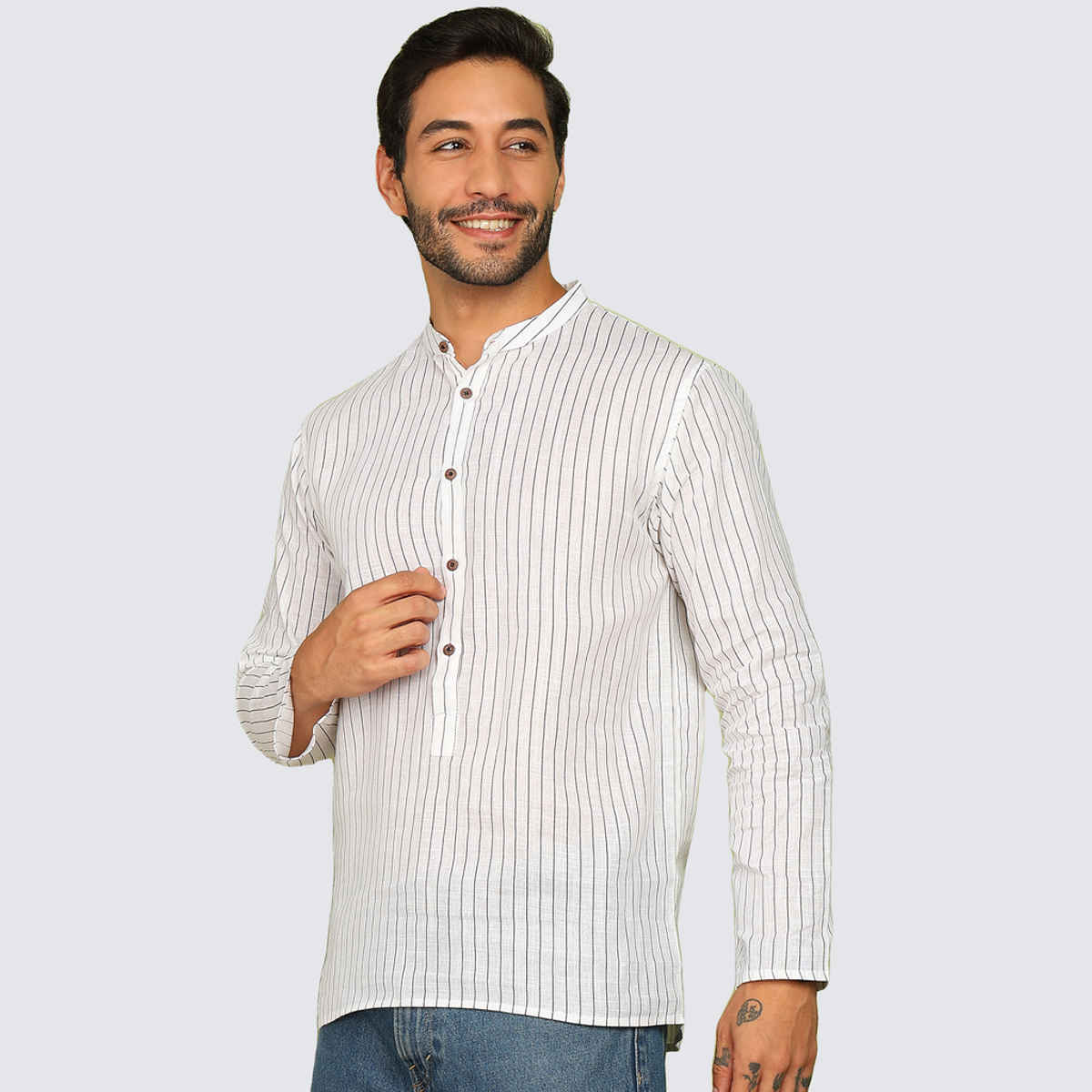 Allan Peter Men's Printed Short Kurta | White - 2XL