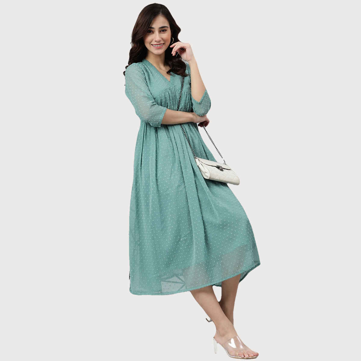 Janasya Women's Green Chiffon Self Design Flared Western Dress - S