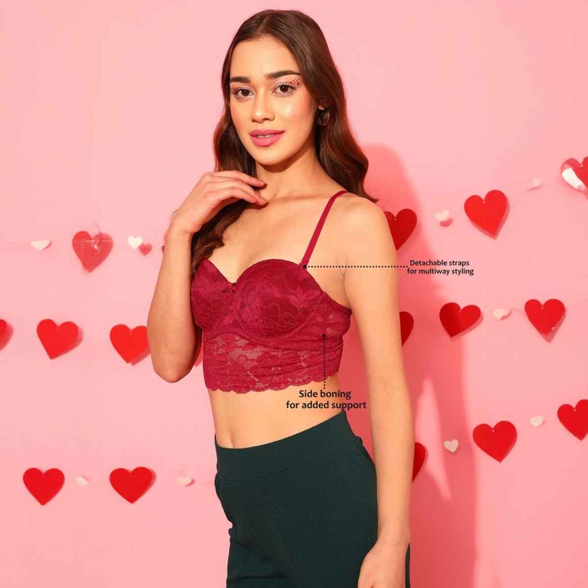 Clovia Women Padded Underwired Full Coverage Multiway Longline Bralette - Lace | Red | 34B