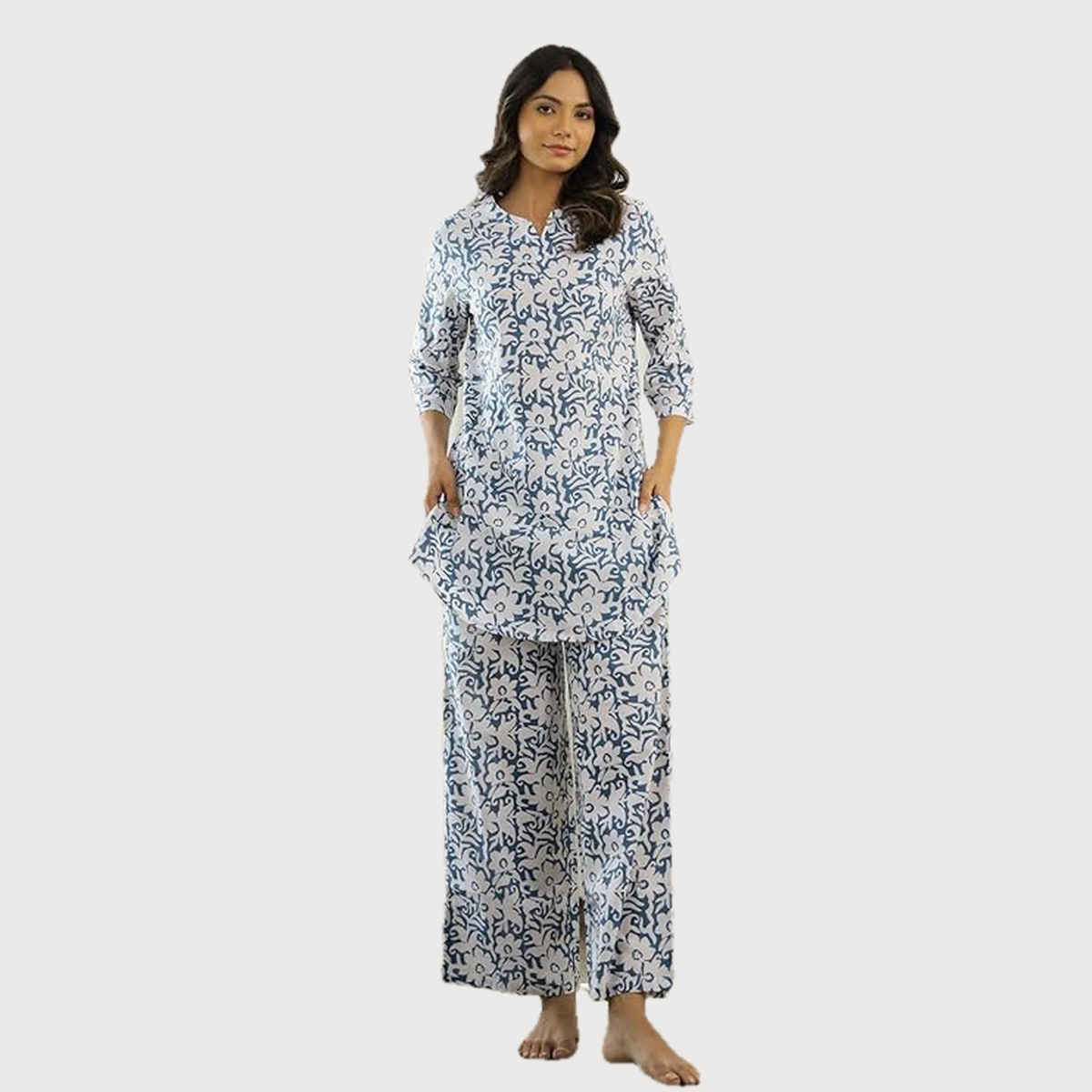 Sanskrutihomes Shirt Collar Pure Cotton Night Suit | Blue - XL