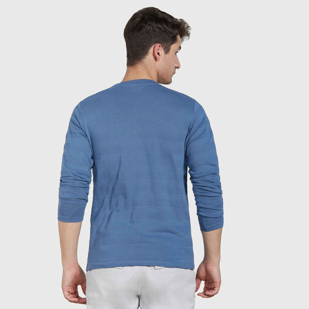 Dennis Lingo Men's Textured Henley Neck Cotton Regular Fit T-shirt | Mid Blue | M