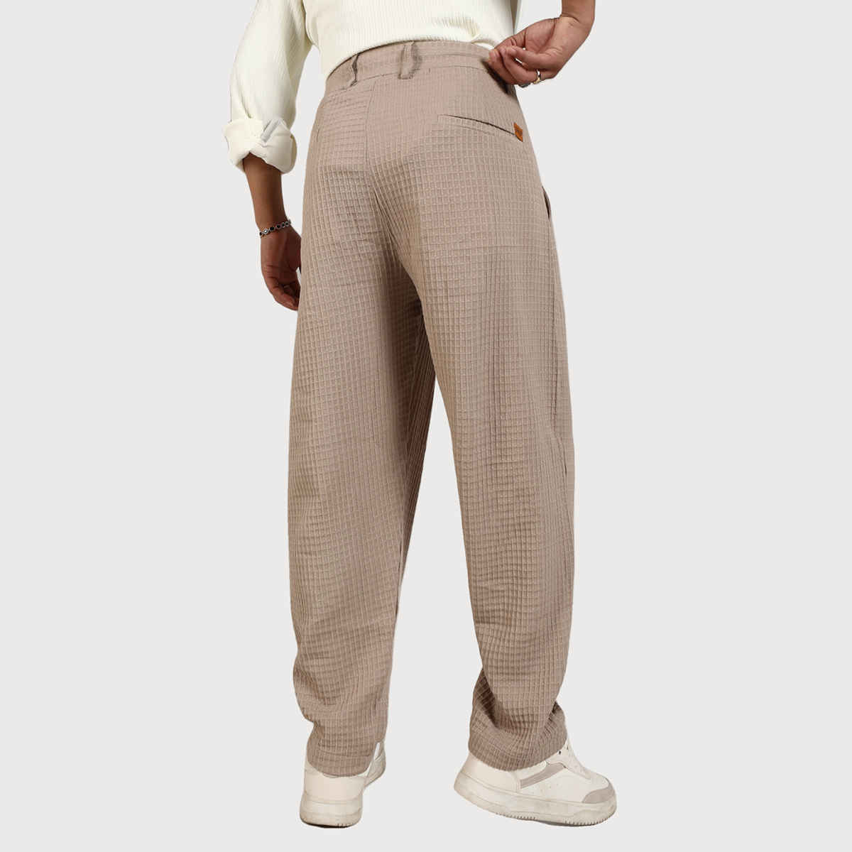 Campus Sutra Men's Textured Graph Check Trousers | Beige - 32