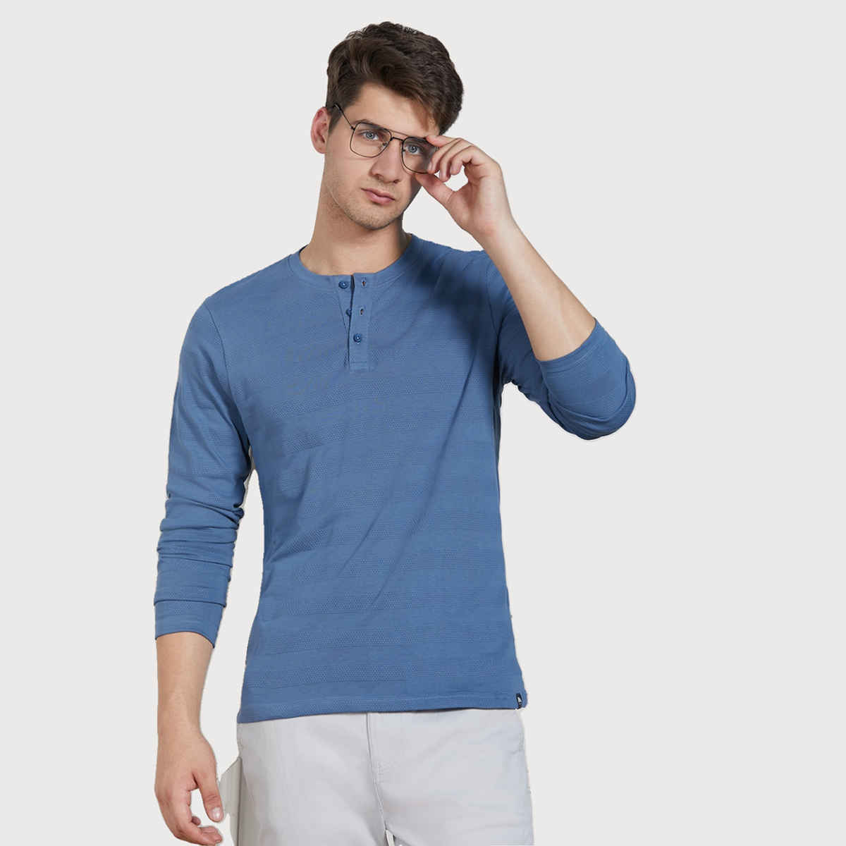 Dennis Lingo Men's Textured Henley Neck Cotton Regular Fit T-shirt | Mid Blue | M