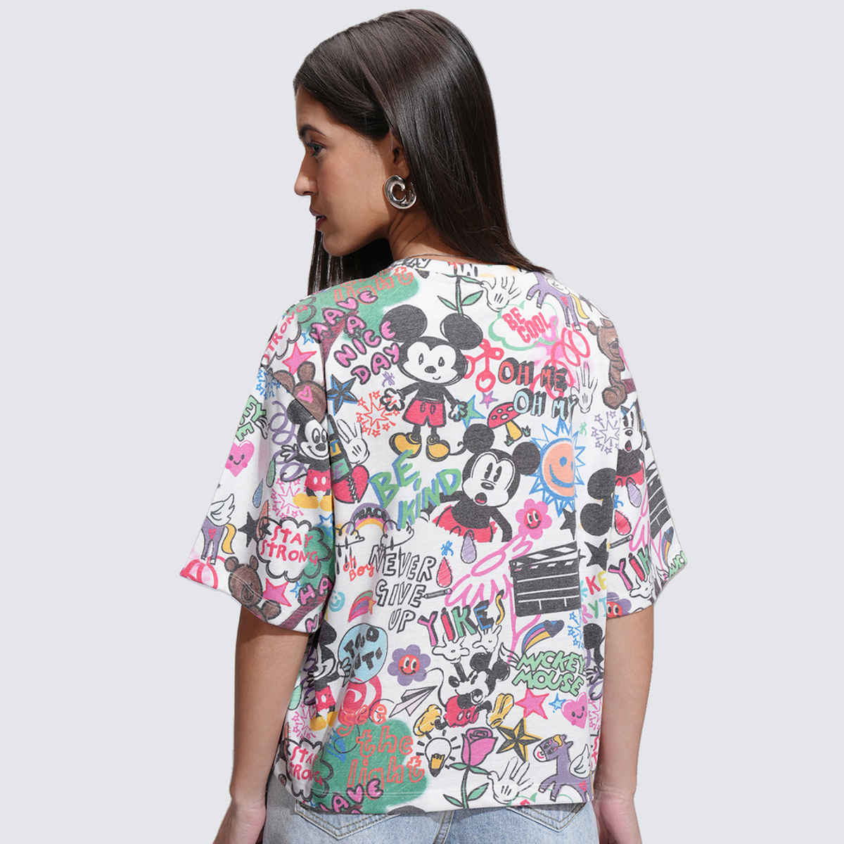 Tokyo Talkies Disney Women's Mickey Mouse Printed Relaxed Fit T-shirt | White - L