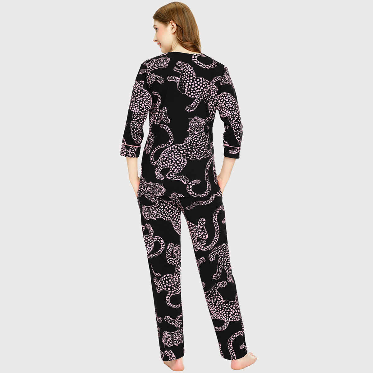 Zeyo Night Suit for Women Black Leopard Printed Cotton Night Dress of Top & Pajama Set 5787-BK- XXL