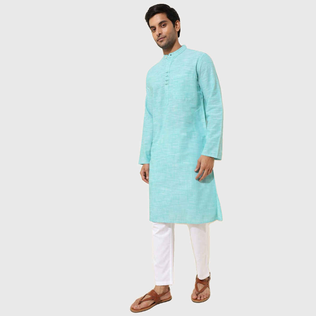 Fabindia Men's Long Kurta Cotton Woven Slim Fit | Teal - XS