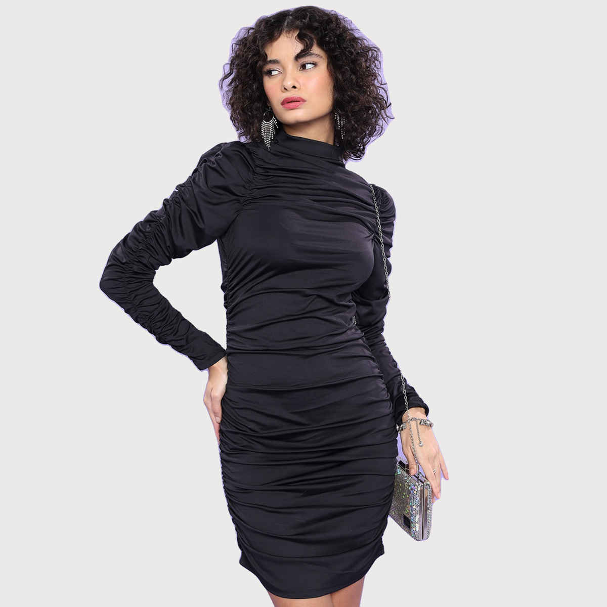 Ketch Women's Gathered Detailed High Neck Long Sleeves Sheath Dress | Black - XL