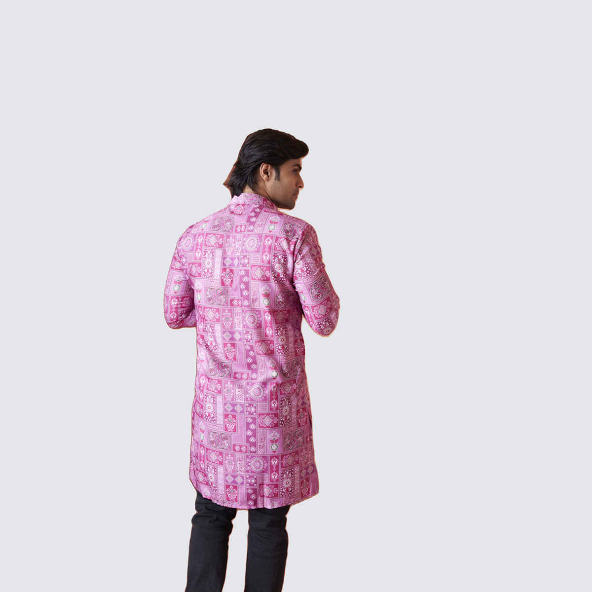 House Of Festivals Men's Printed Cotton Blend Long Kurta | Purple - S