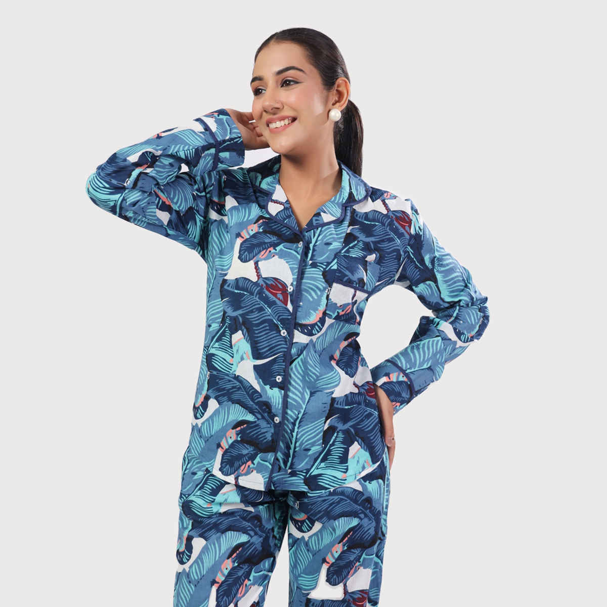 Sanskrutihomes Women Tropical Printed Pure Cotton Blue Night Suit SE-NSP-565 | L