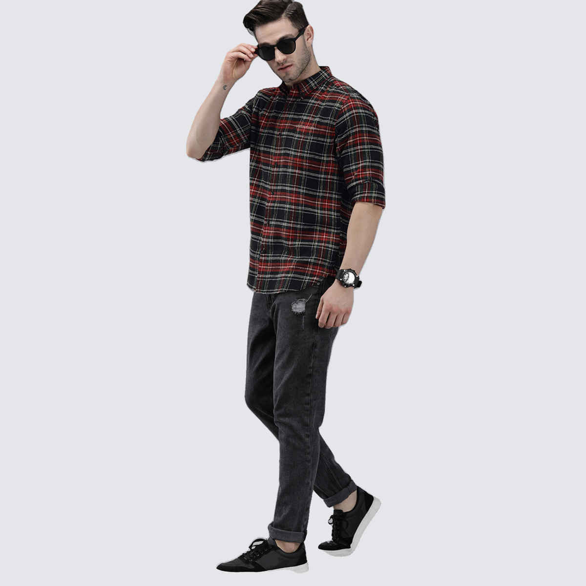 The Bear House Men Slim Fit Checked Shirt - Anglo | Black and Red | L