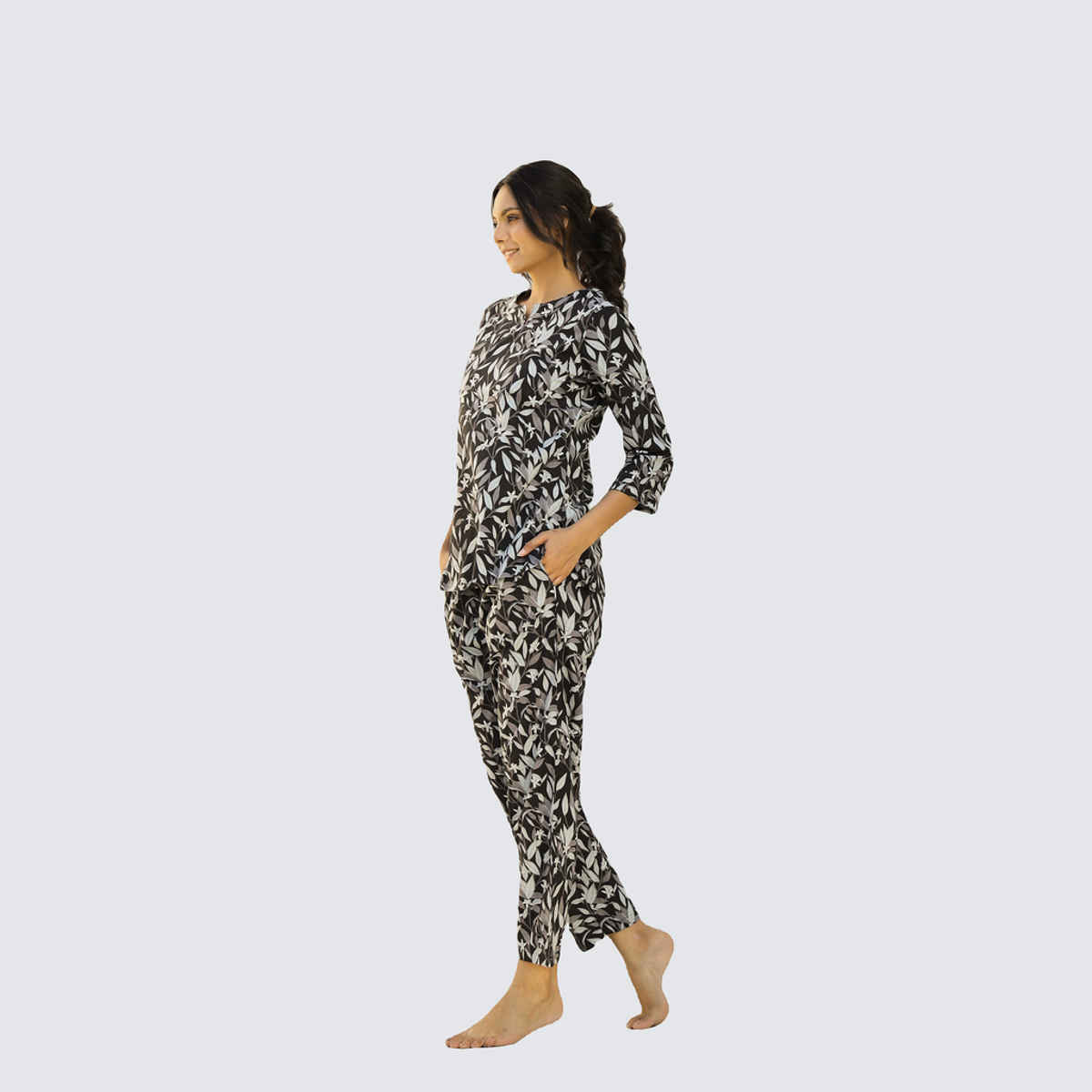 Sanskrutihomes Women Printed Pure Cotton Night Suit | Black - White | S