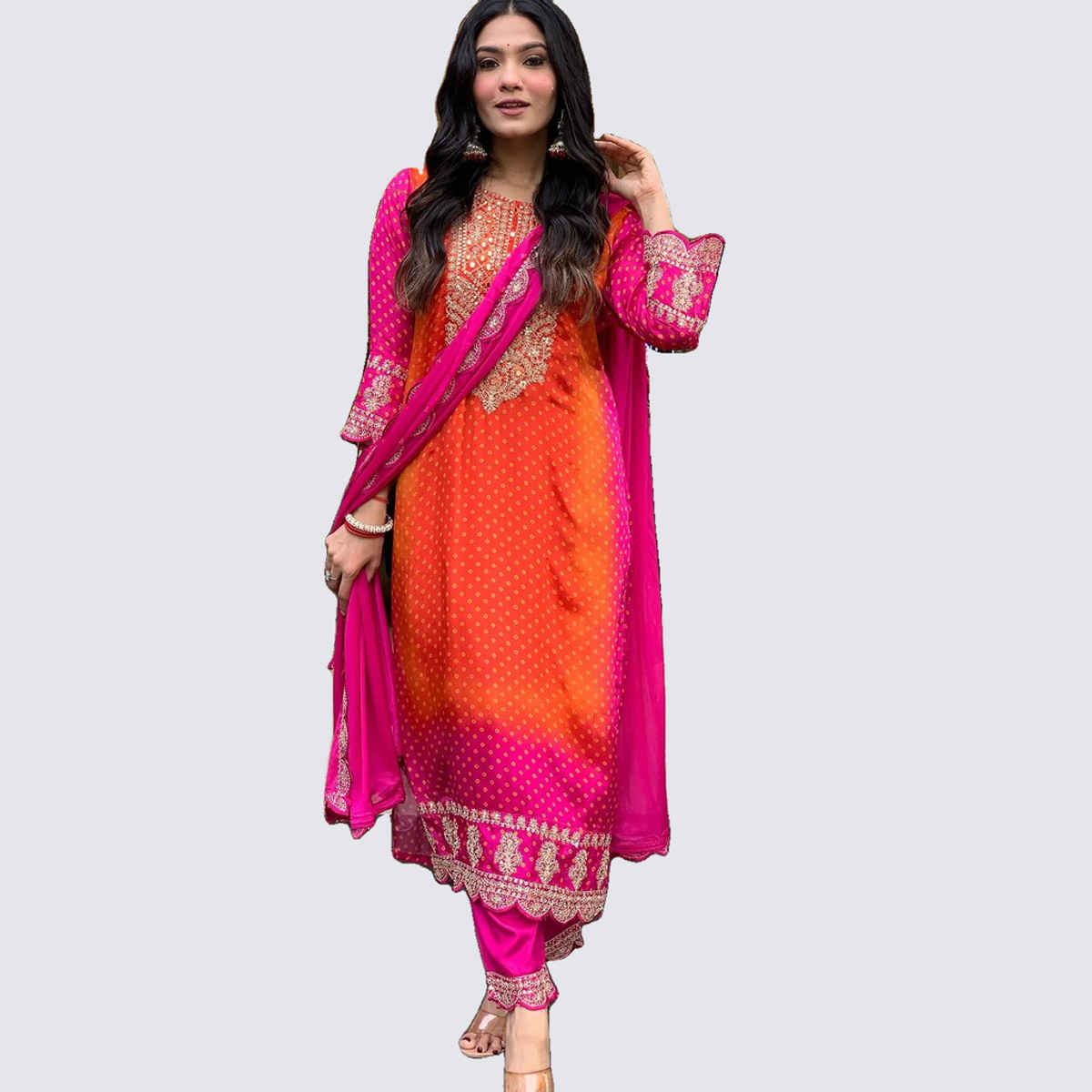 GoSriKi Women's Rayon Blend Straight Embroidered Kurta with Pant & Dupatta | LASIVAN | Pink - M