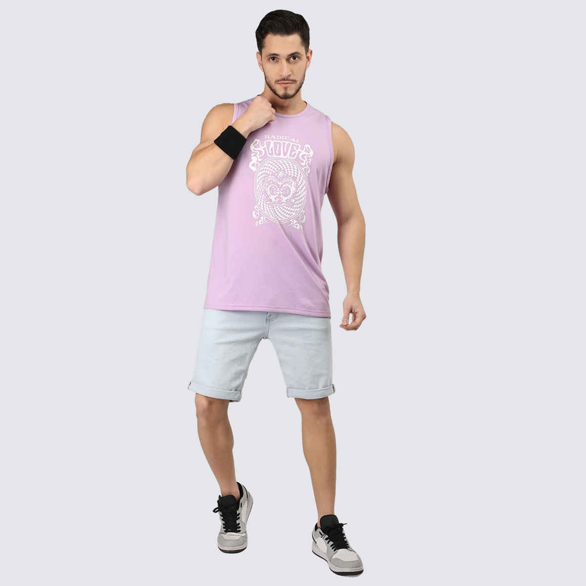 Chkokko Men Gym Regular Fit Tank Tops Sports Sleeveless Printed Vest Lavender | Size M