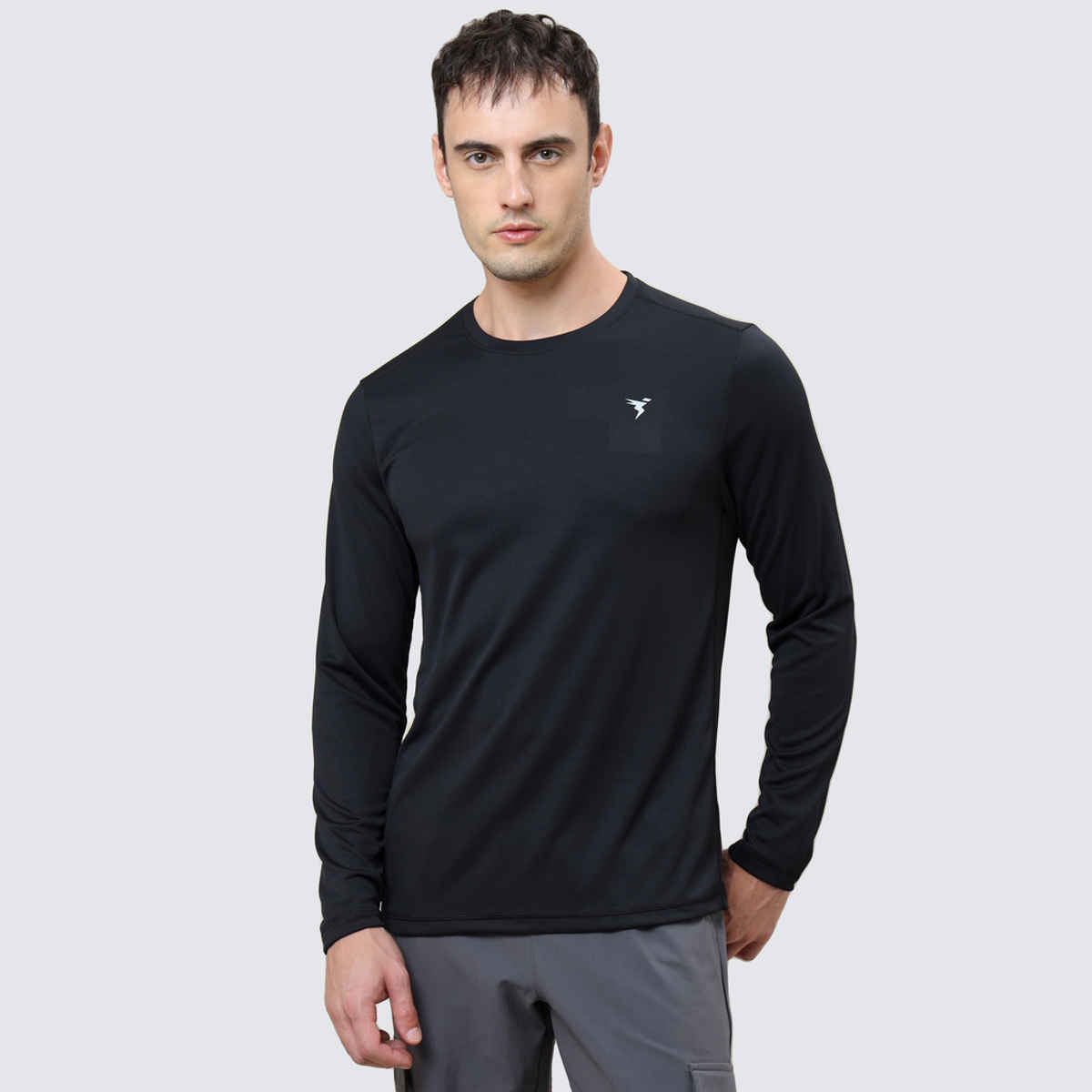 Technosport Men's Poly Solid Slim Fit Round Neck Full Sleeve Sports T-shirt | Black - L