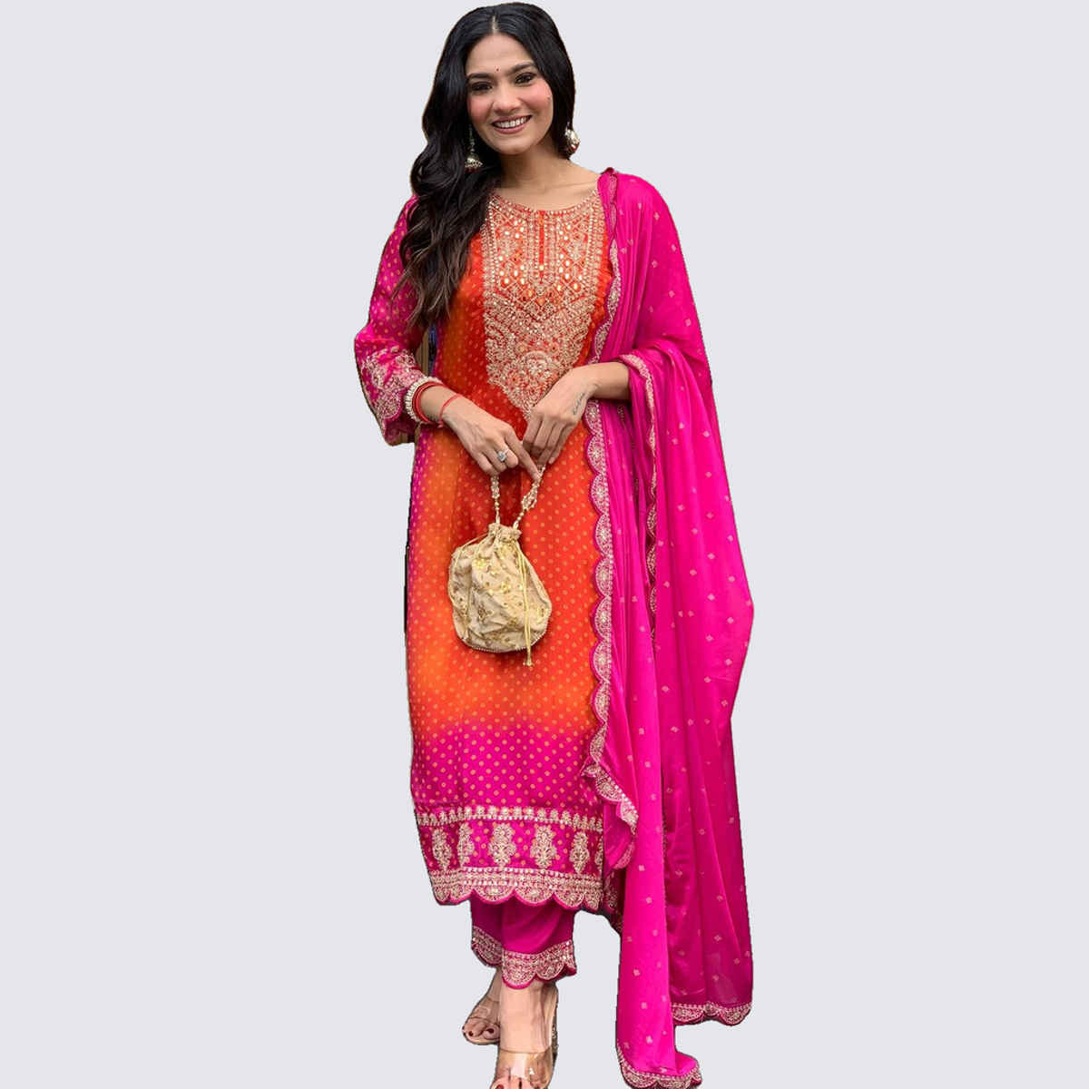 GoSriKi Women's Rayon Blend Straight Embroidered Kurta with Pant & Dupatta | LASIVAN | Pink - M