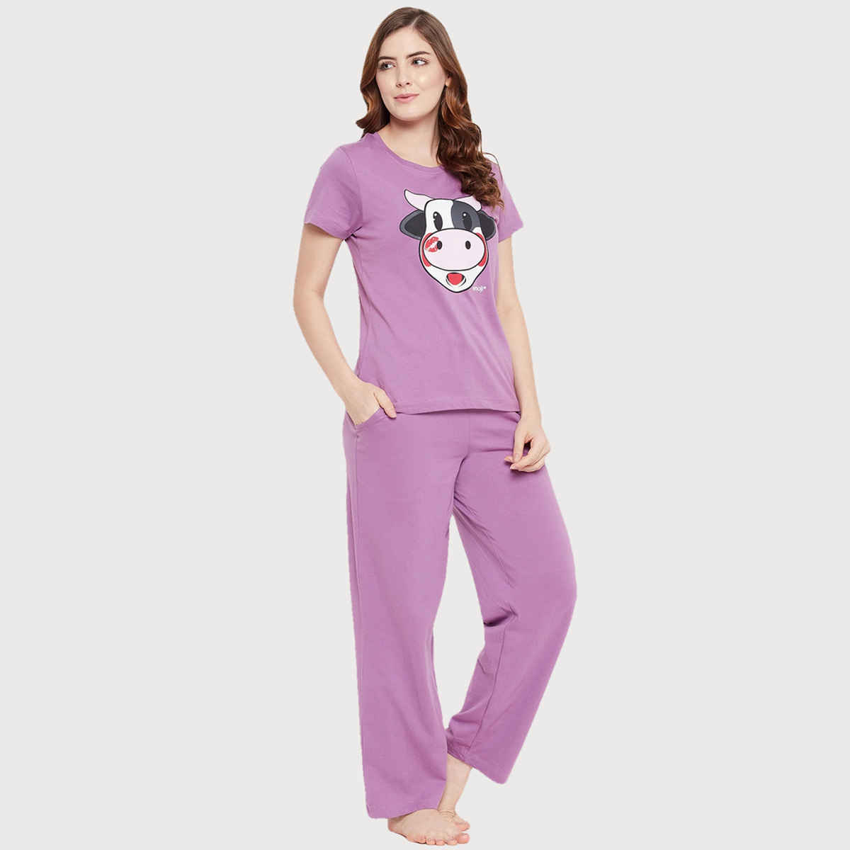 Clovia Cow Emoji Print Top & Solid Pyjama Set - 100% Cotton(Purple - M)