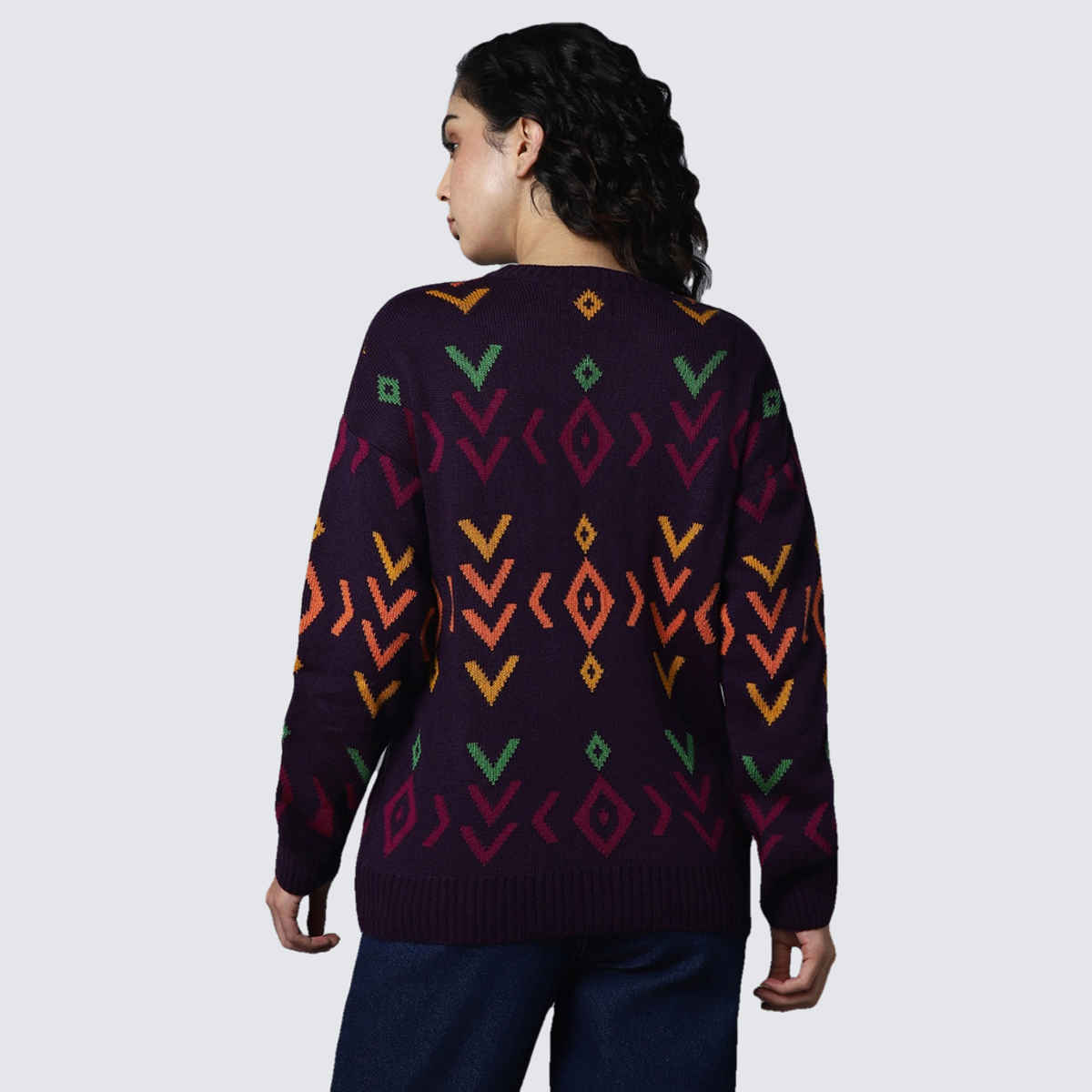 High Star Women's Geometric Printed Pullover Sweater | Purple - L